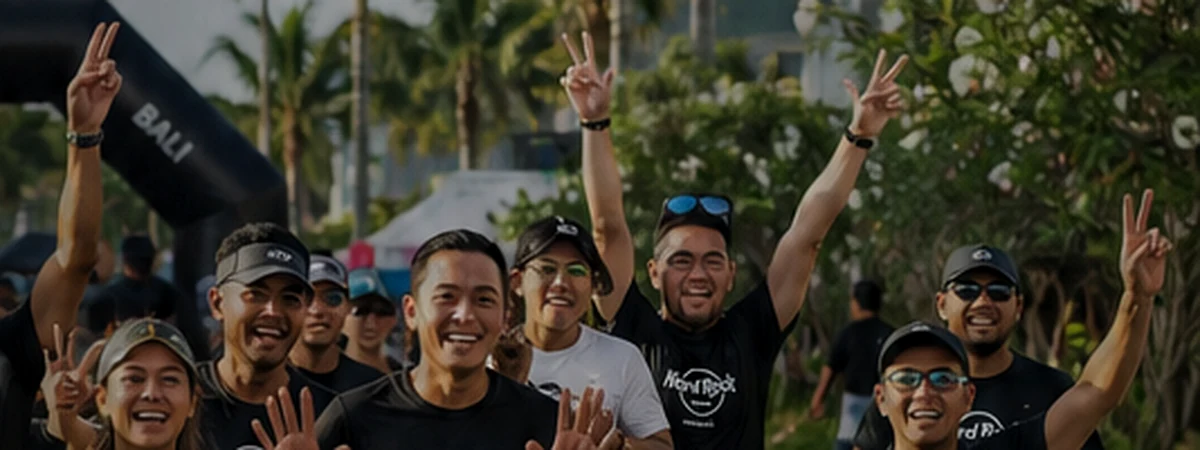 AI-generated editorial illustration of runners at a Bali charity fun run in Kuta