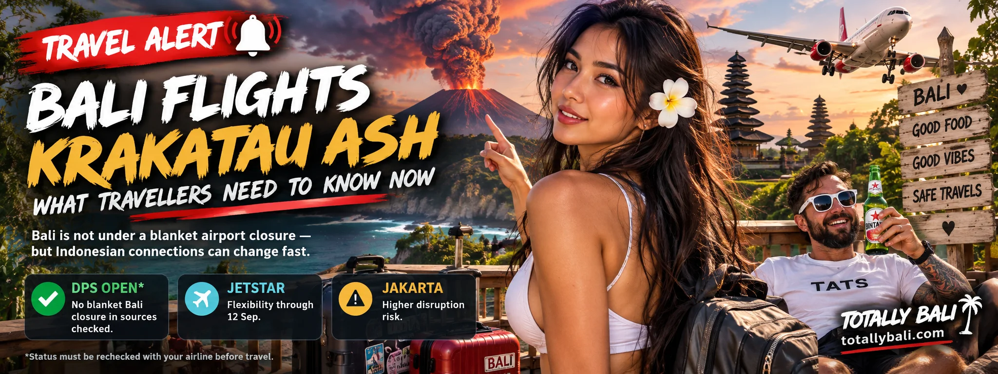 Editorial Bali travel alert graphic about Anak Krakatau ash and flight disruption