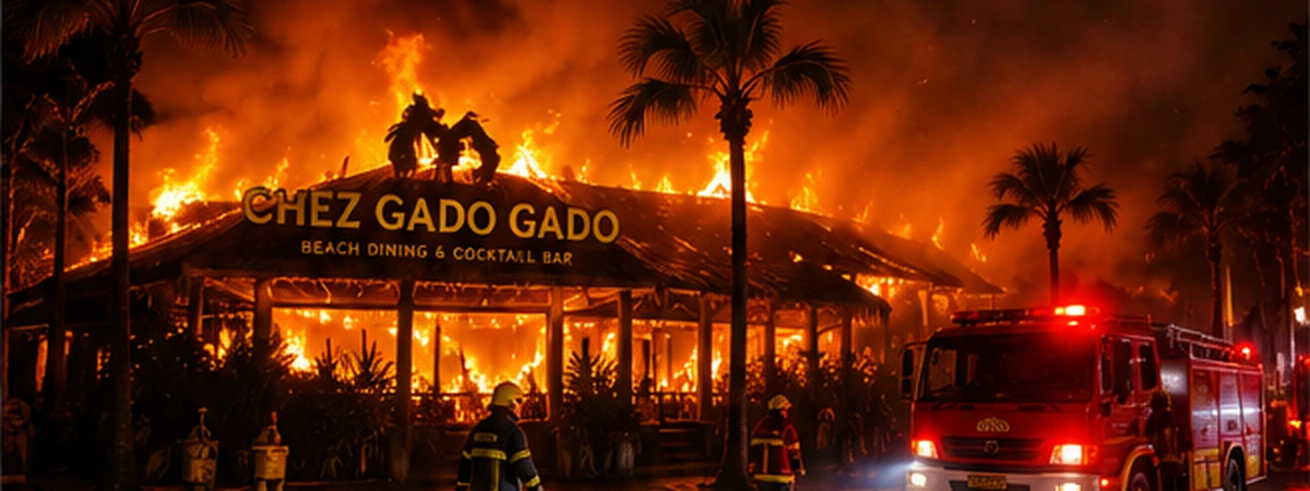 Original editorial illustration of a beachfront restaurant fire in Seminyak, Bali