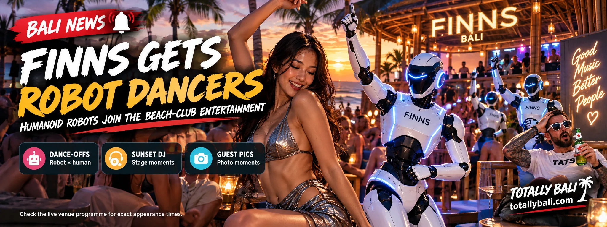 Editorial illustration of humanoid robot dancers joining a Bali beach-club party scene in Canggu