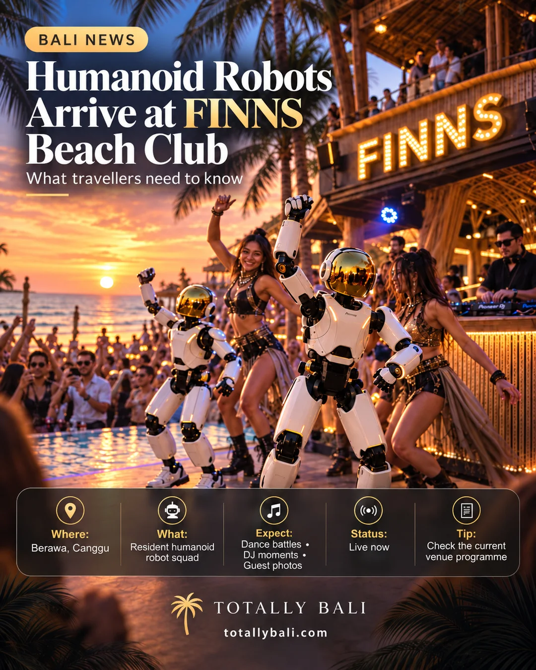 バリ島のビーチクラブのパーティーで踊る人型ロボットダンサーたち ― 社説イラスト