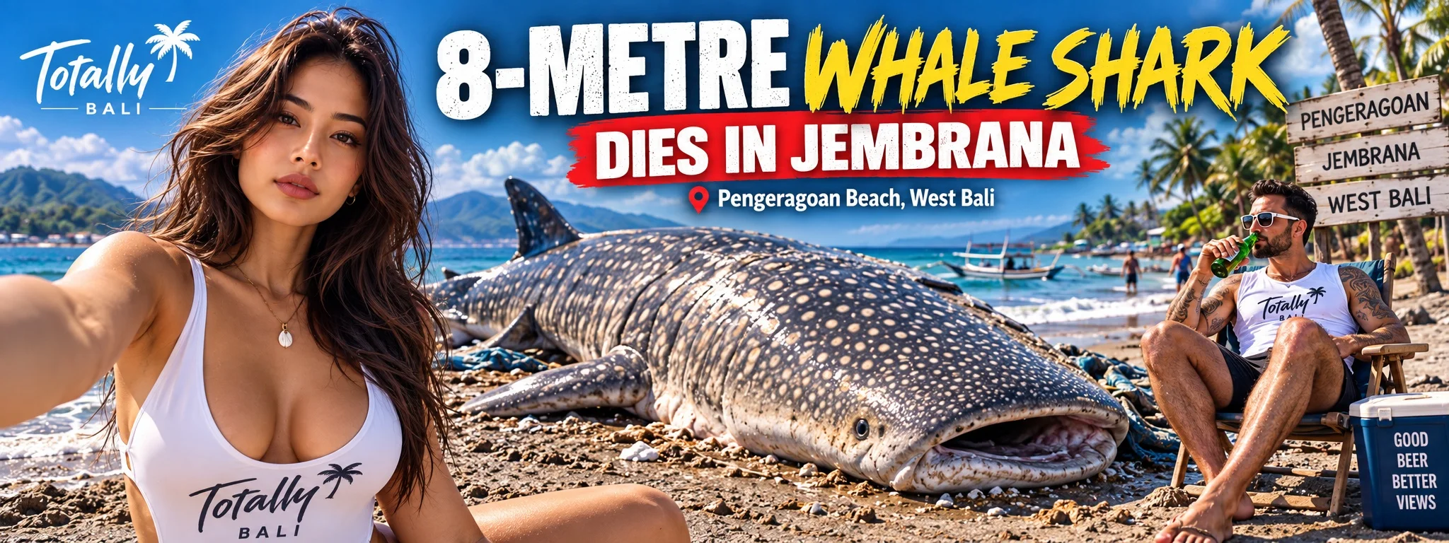 Editorial illustration for the Jembrana whale shark stranding story